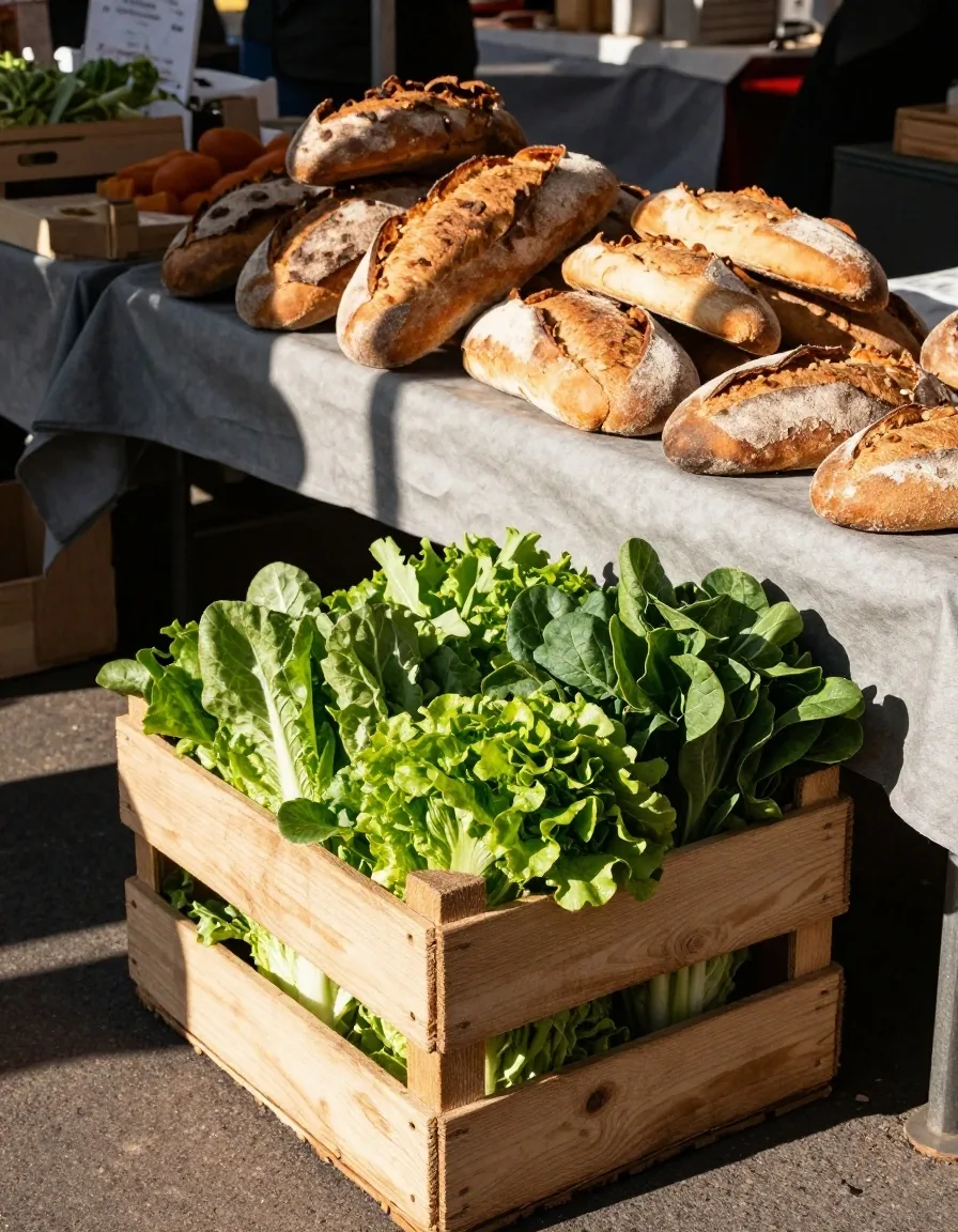 Cajón de madera con verduras en feria