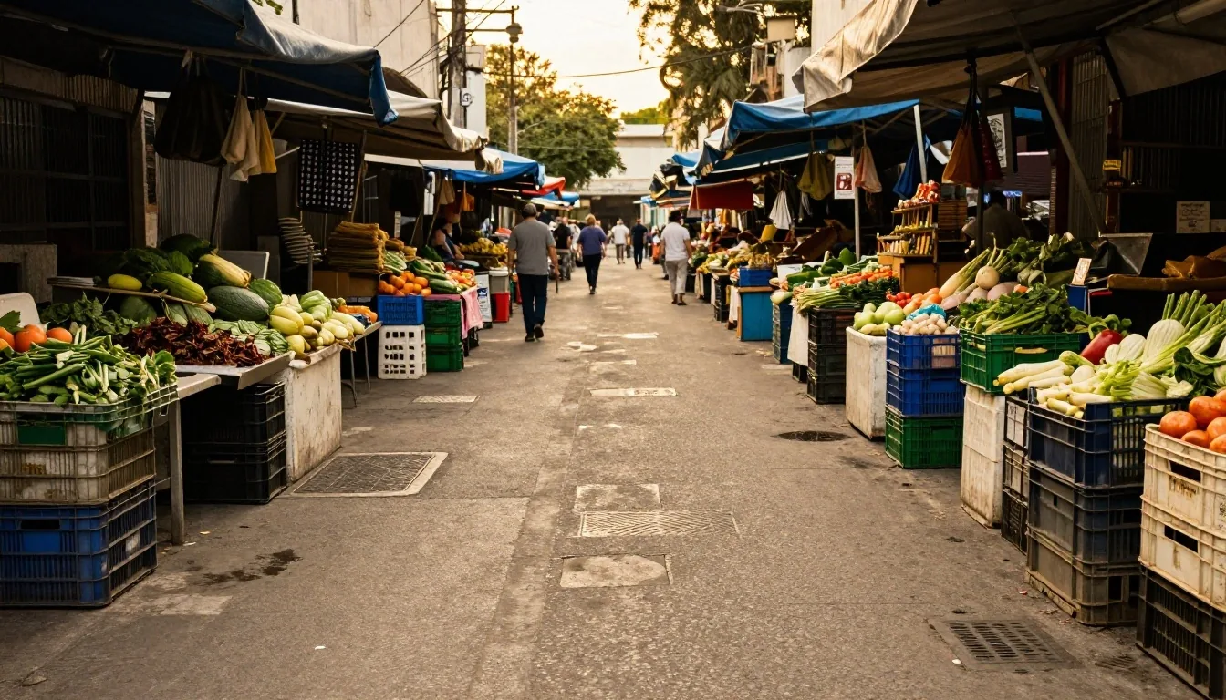 Pasillo de feria en Buenos Aires a la tarde con cajones de verdura