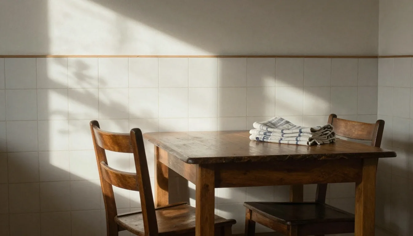 Mesa de cocina en Buenos Aires con cuaderno abierto bajo la luz de la tarde