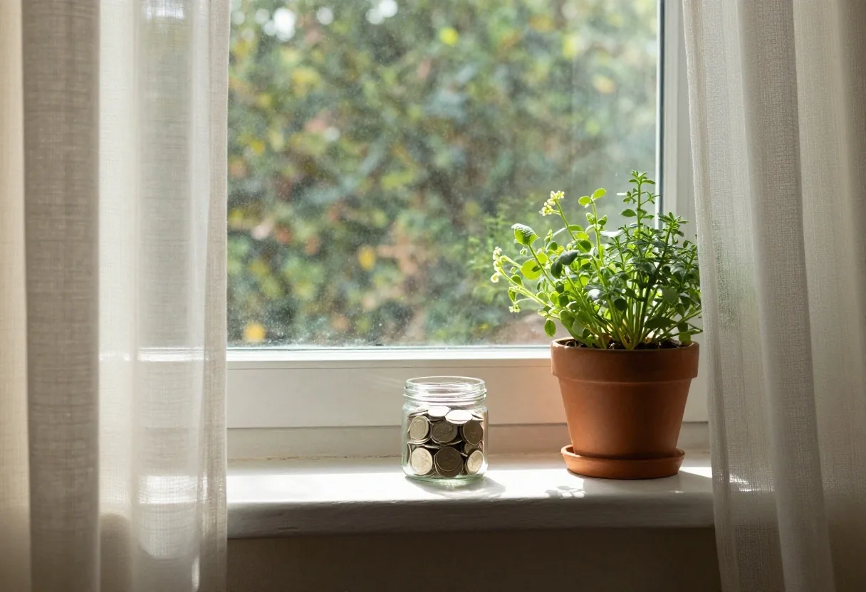 Frasco con monedas ahorradas junto a la ventana