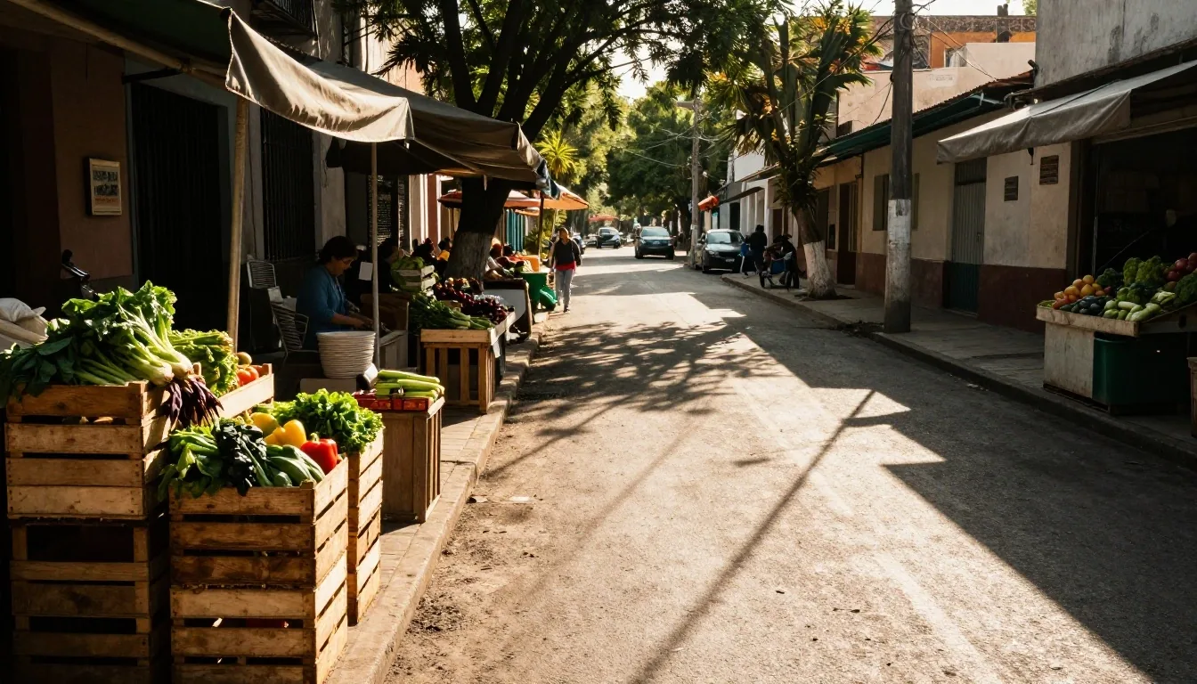 Pasillo de feria a la tarde con cajones de verdura