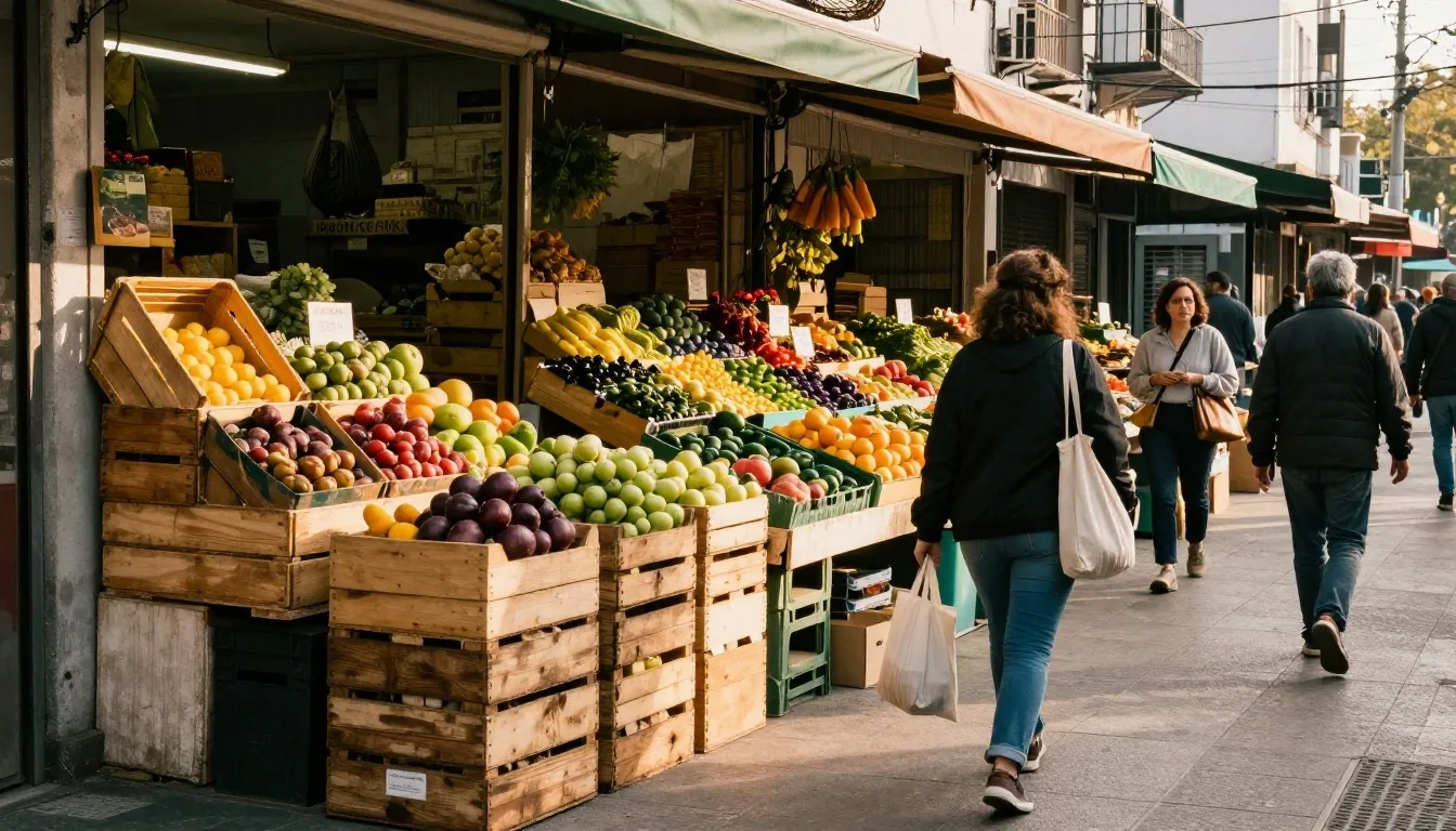 Pasillo de feria en Buenos Aires a la tarde con puestos y cajones