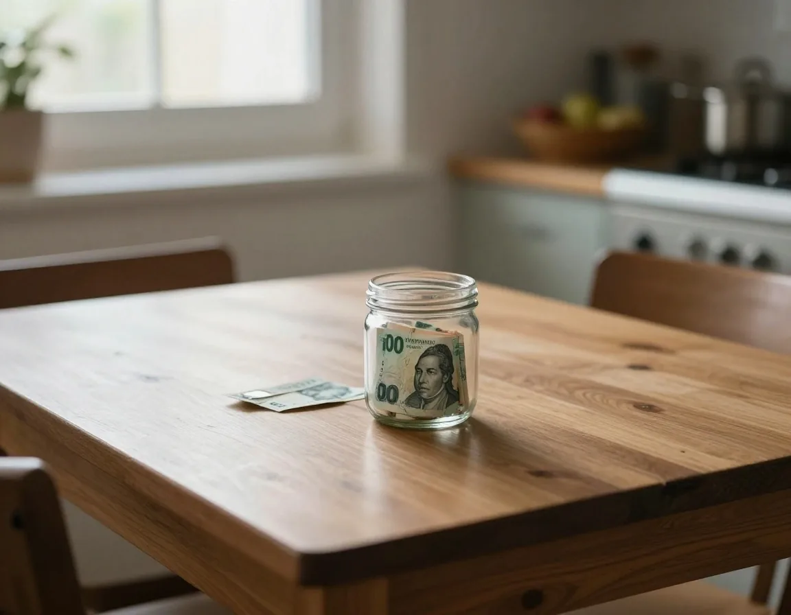 Manos que anotan fechas de cobro en un calendario de papel en la cocina