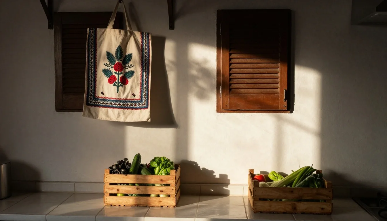 Mesa de cocina en Buenos Aires con cuaderno abierto y bolso de feria bajo luz de tarde