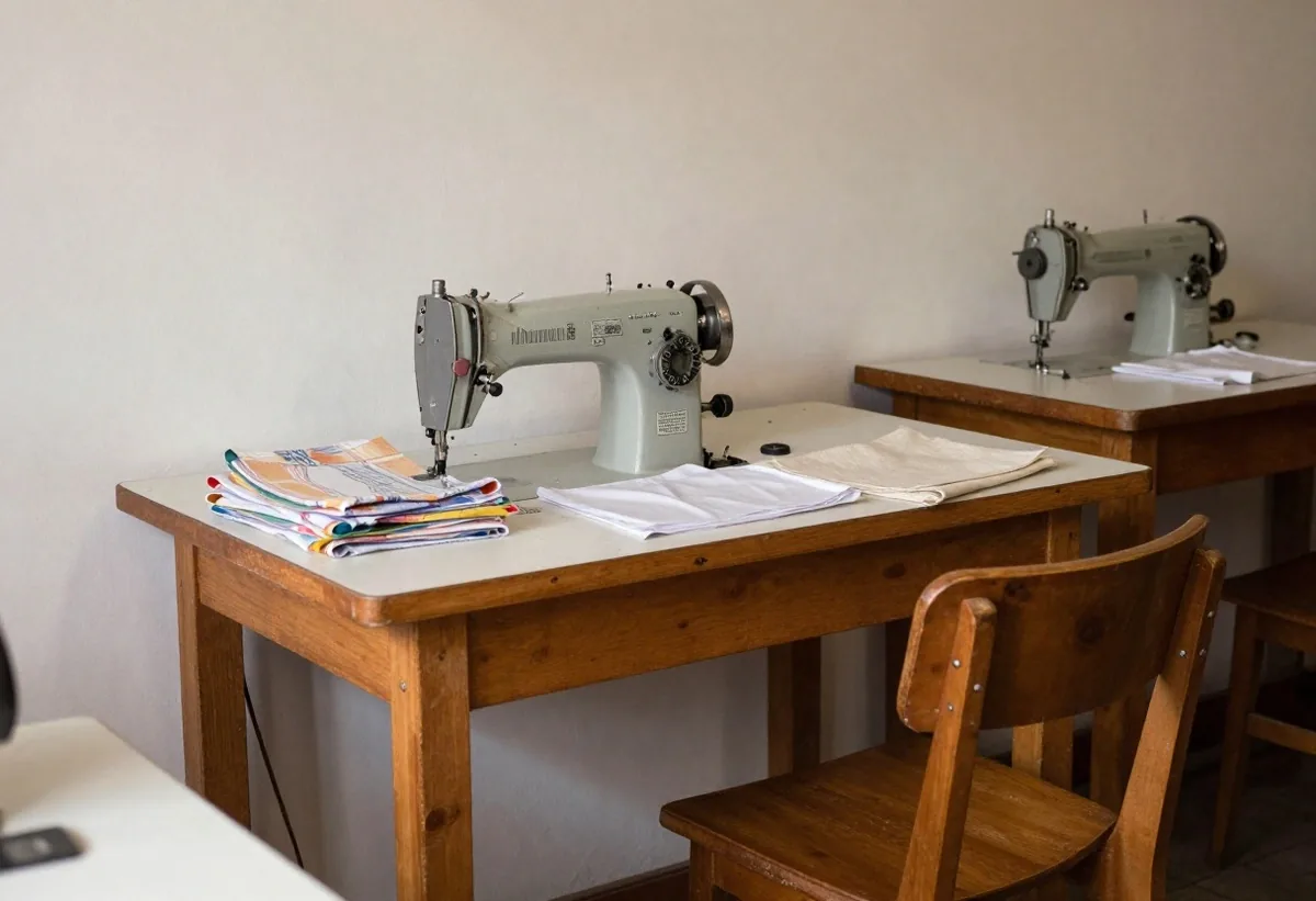 Mesa de taller barrial con máquina de coser y telas