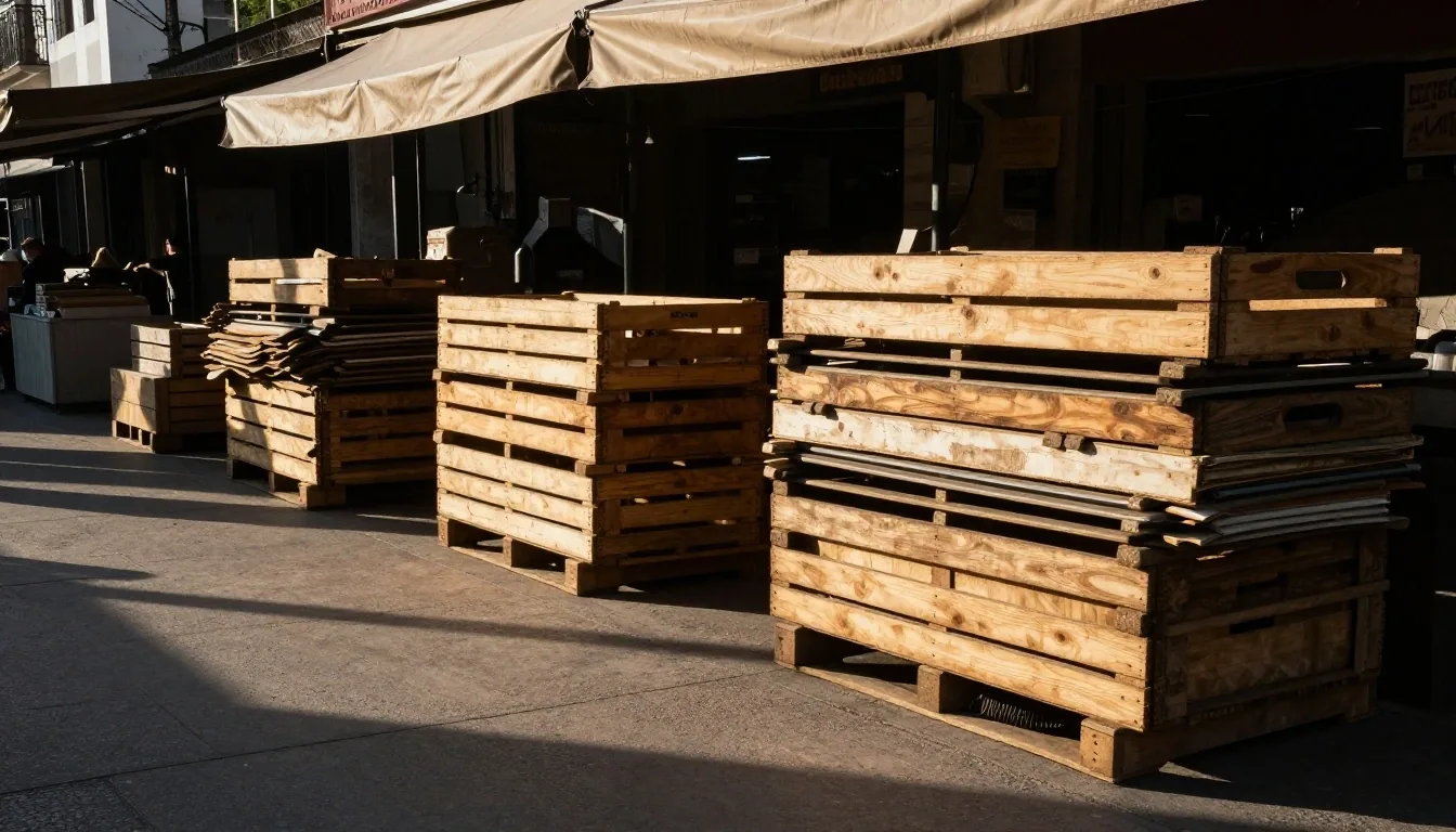 Pasillo de feria en Buenos Aires a la tarde con cajones y toldos