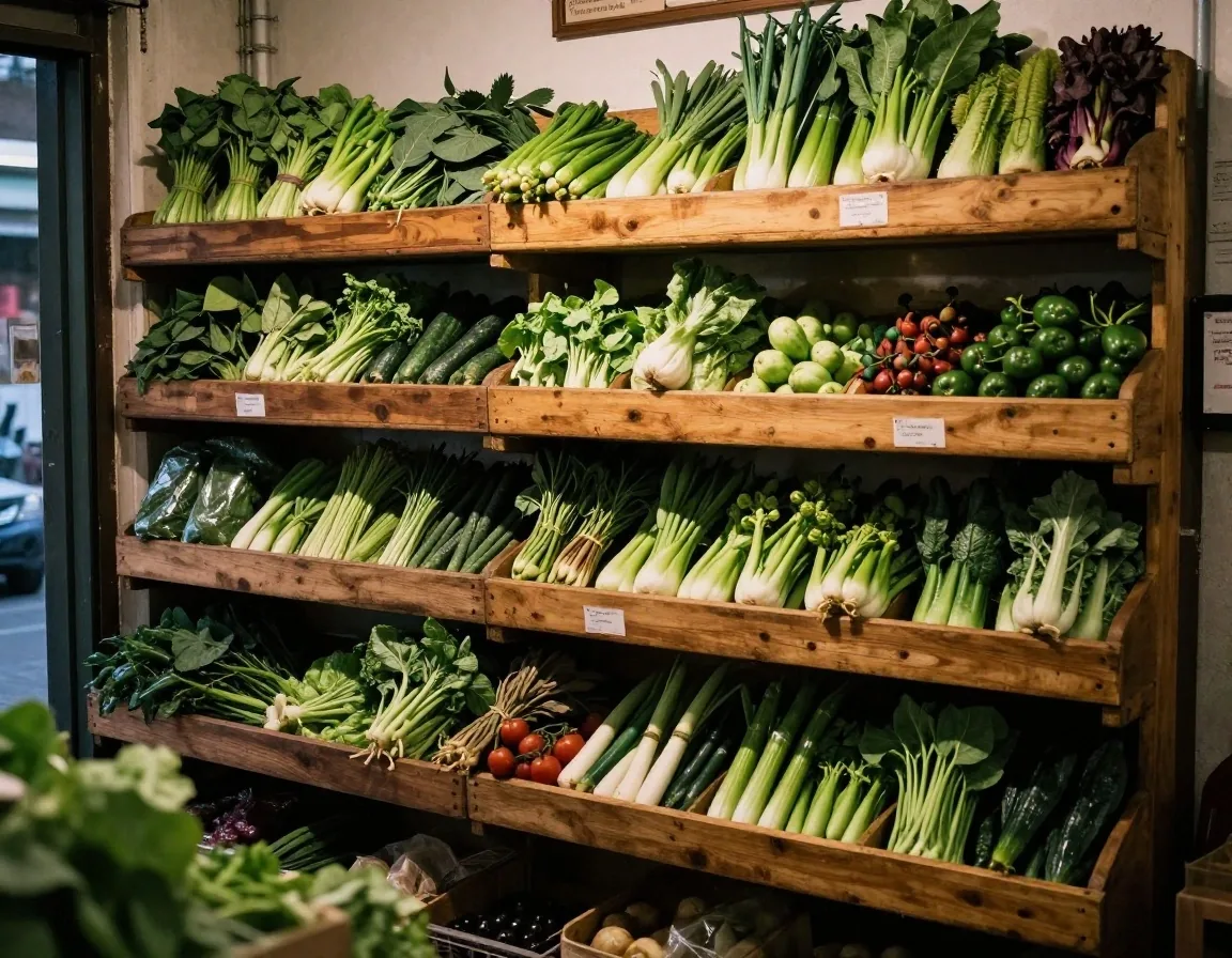 Cajón de madera con verduras frescas en puesto de feria