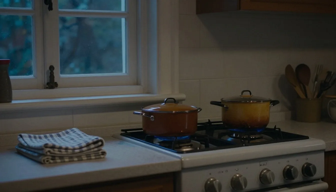 Mesa de cocina al atardecer con cuaderno cerrado y lápiz