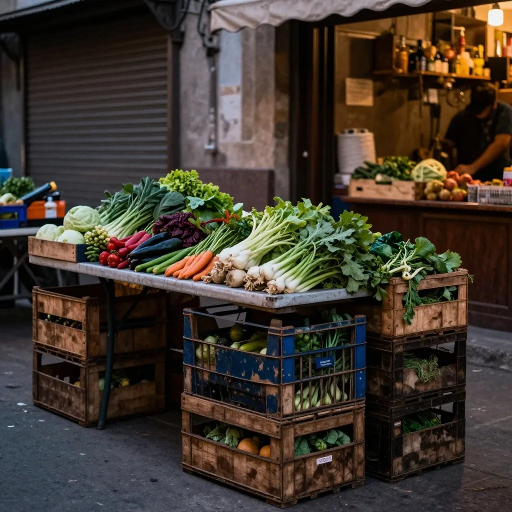 Cajón de madera con verduras en un puesto de feria