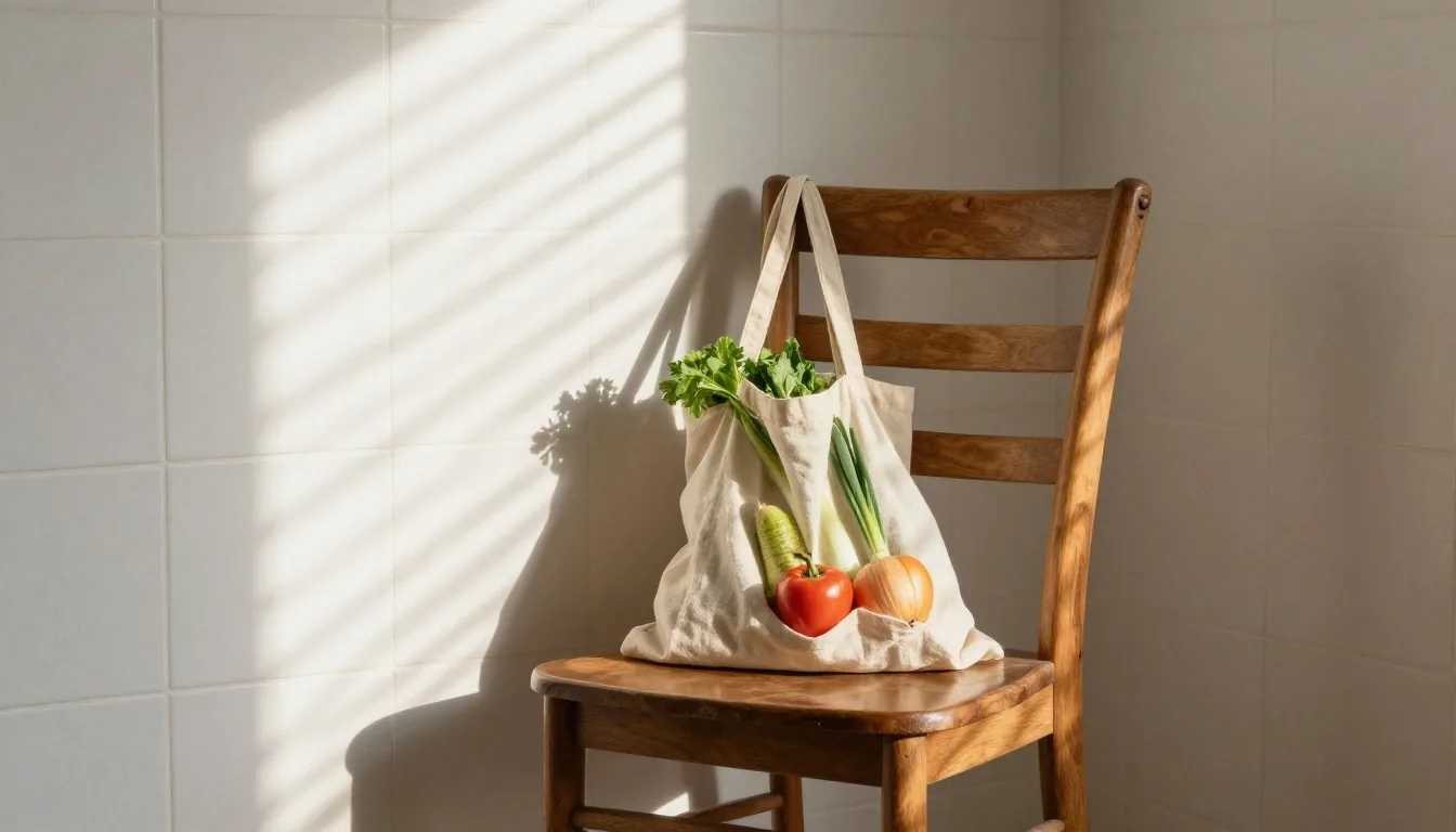 Mesa de cocina en Buenos Aires con cuaderno abierto y bolso de feria bajo luz de tarde