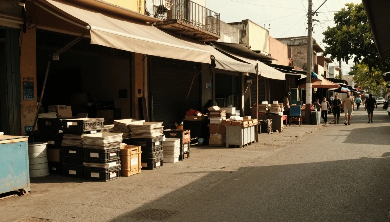 Pasillo de feria en Buenos Aires a la tarde con cajones y toldos