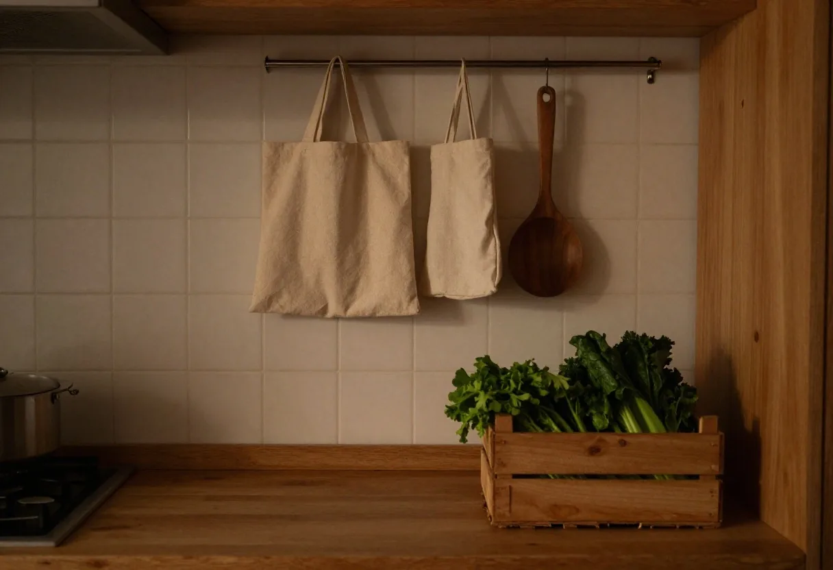 Cajón de verdura y bolso de tela en la cocina
