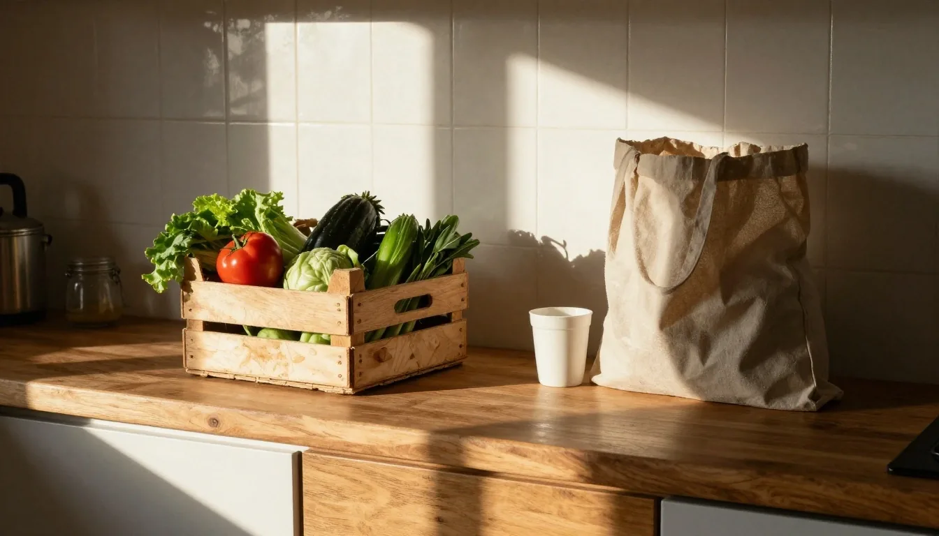 Mesa de cocina con cuaderno abierto y bolsa de feria bajo luz de tarde