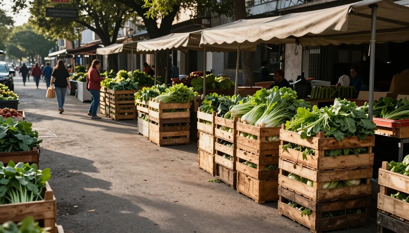 Pasillo de feria por la tarde con cajones de verdura