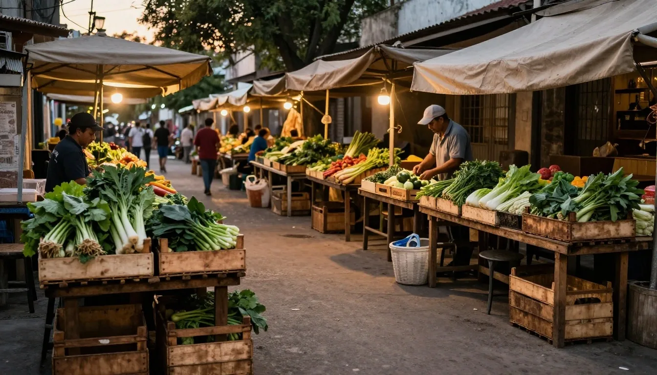 Puesto de feria en Buenos Aires a la tarde con cajones de verdura